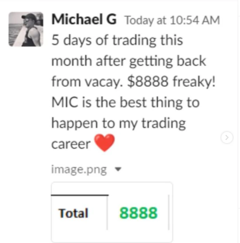 member testimonial showing a $8,888 profit